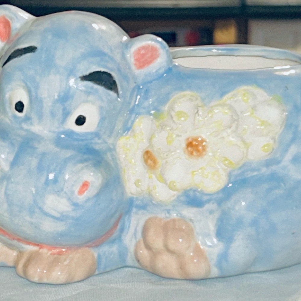 Charming Blue Hippo Ceramic Planter